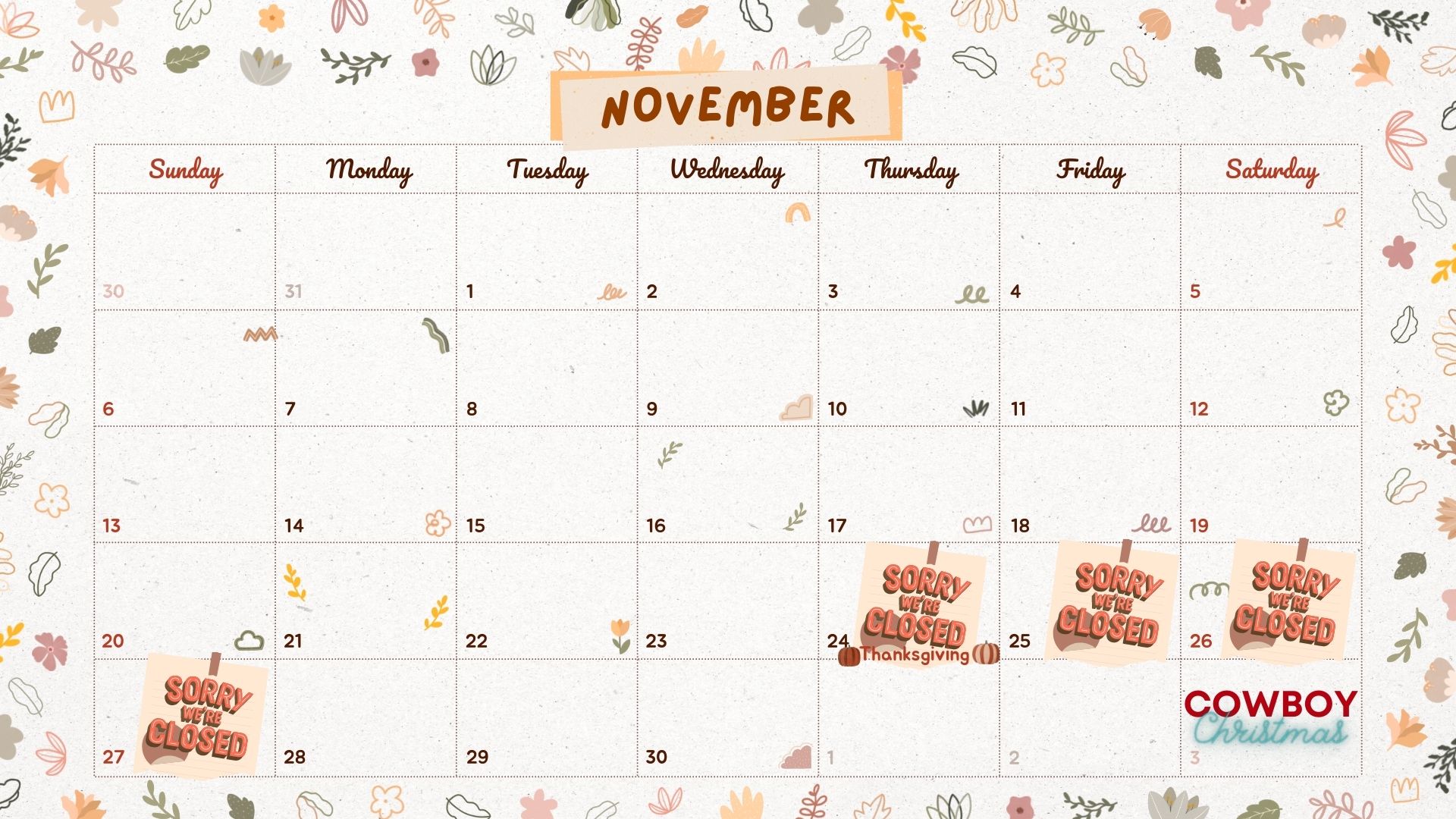 White Brown Modern Cute November 2022 Monthly Calendar